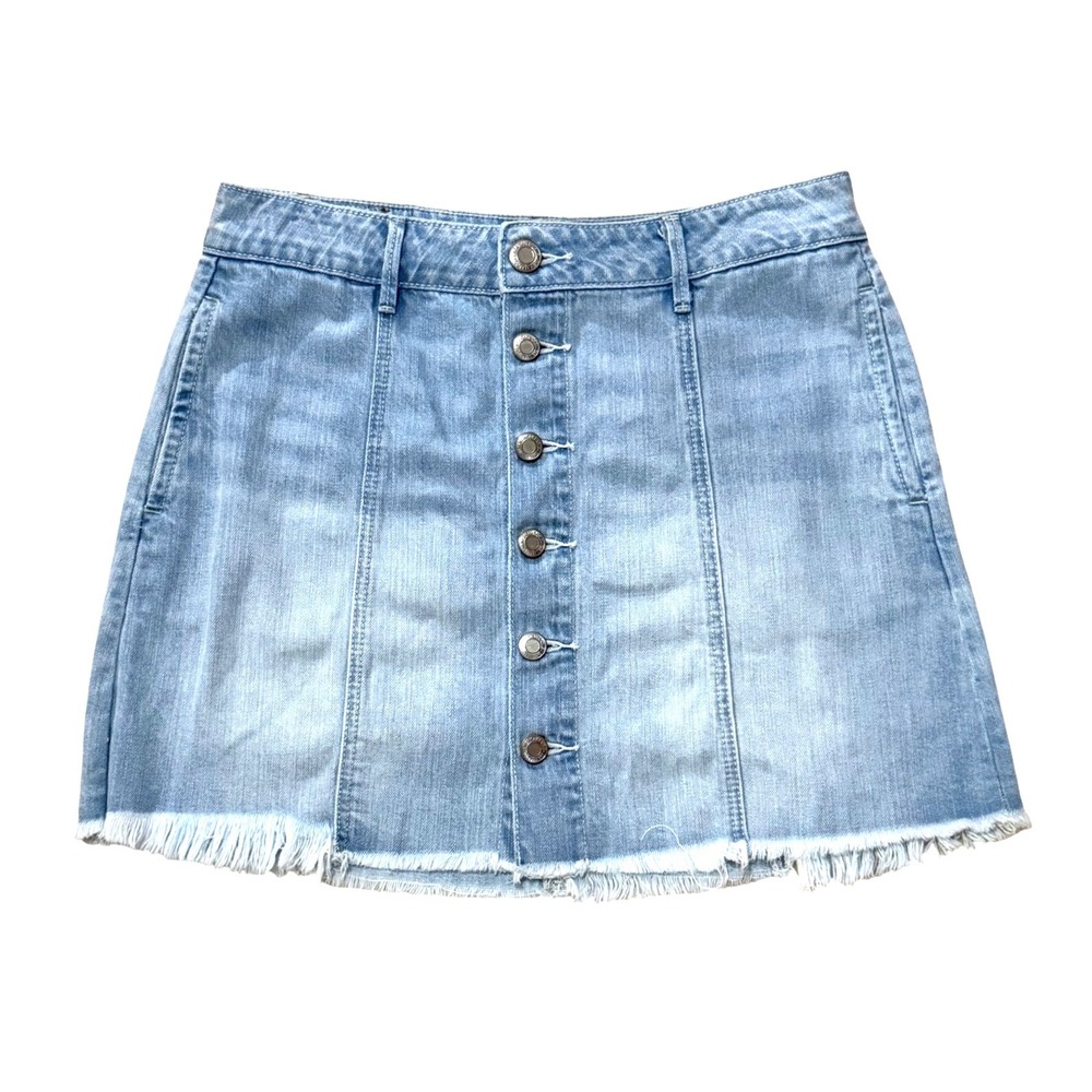 American Eagle Outfitters Light Wash Button Front Frayed Hem Denim Mini Skirt 6